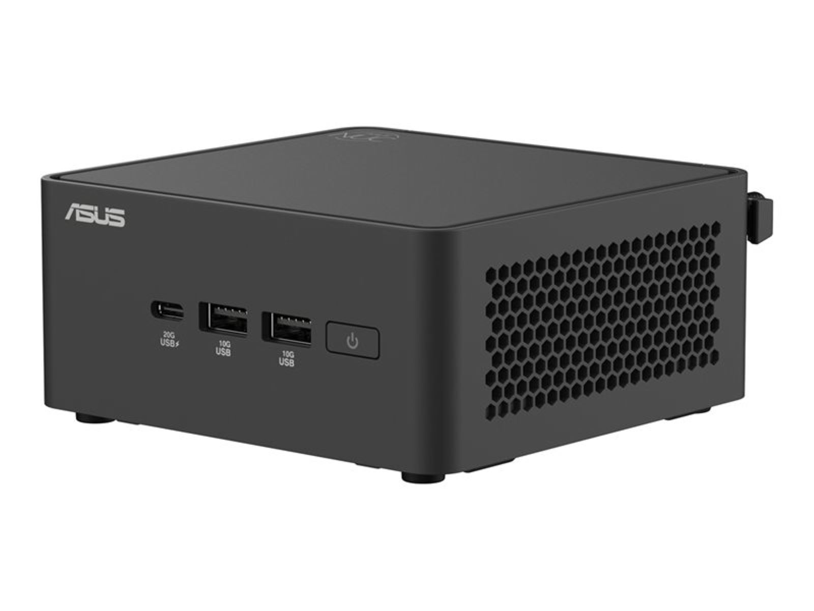 Ein schwarzer ASUS-Mini-PC auf weißem Hintergrund. Er hat USB-Anschlüsse, einen Power-Button und ein wabenförmiges Lüftungsgitter.