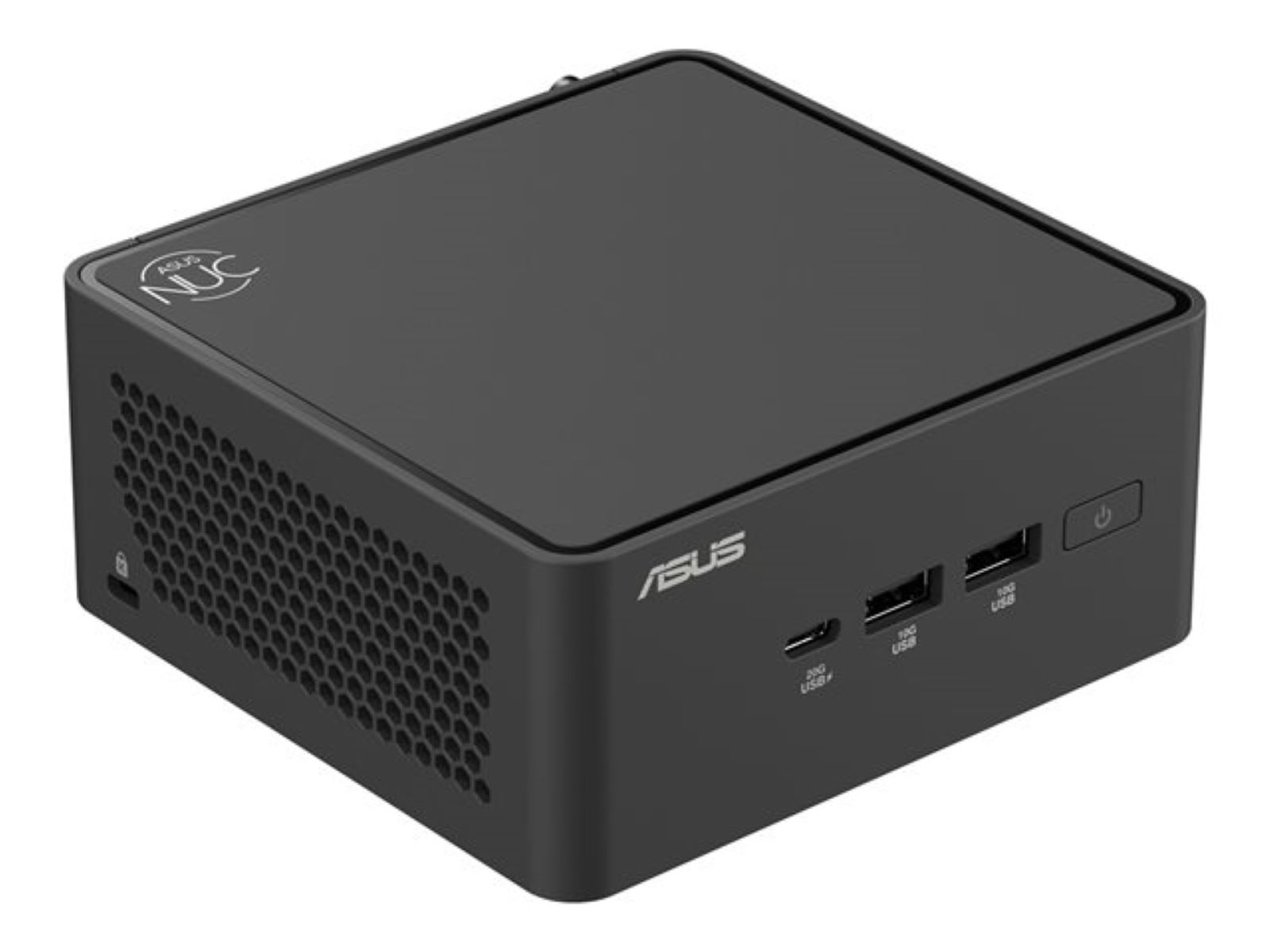 Ein schwarzer ASUS NUC Mini-PC. Er hat einen Einschaltknopf, USB-Anschlüsse und ein wabenförmiges Lüftungsgitter. Die Logos ASUS und NUC sind sichtbar.