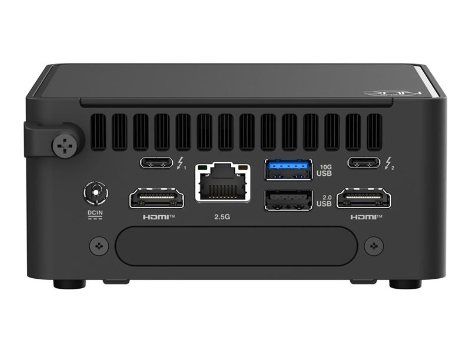 Schwarzer Mini-Computer mit verschiedenen Anschlüssen, darunter HDMI, USB und Ethernet. Die Vorderseite hat einen Einschaltknopf und Lüftungsschlitze.