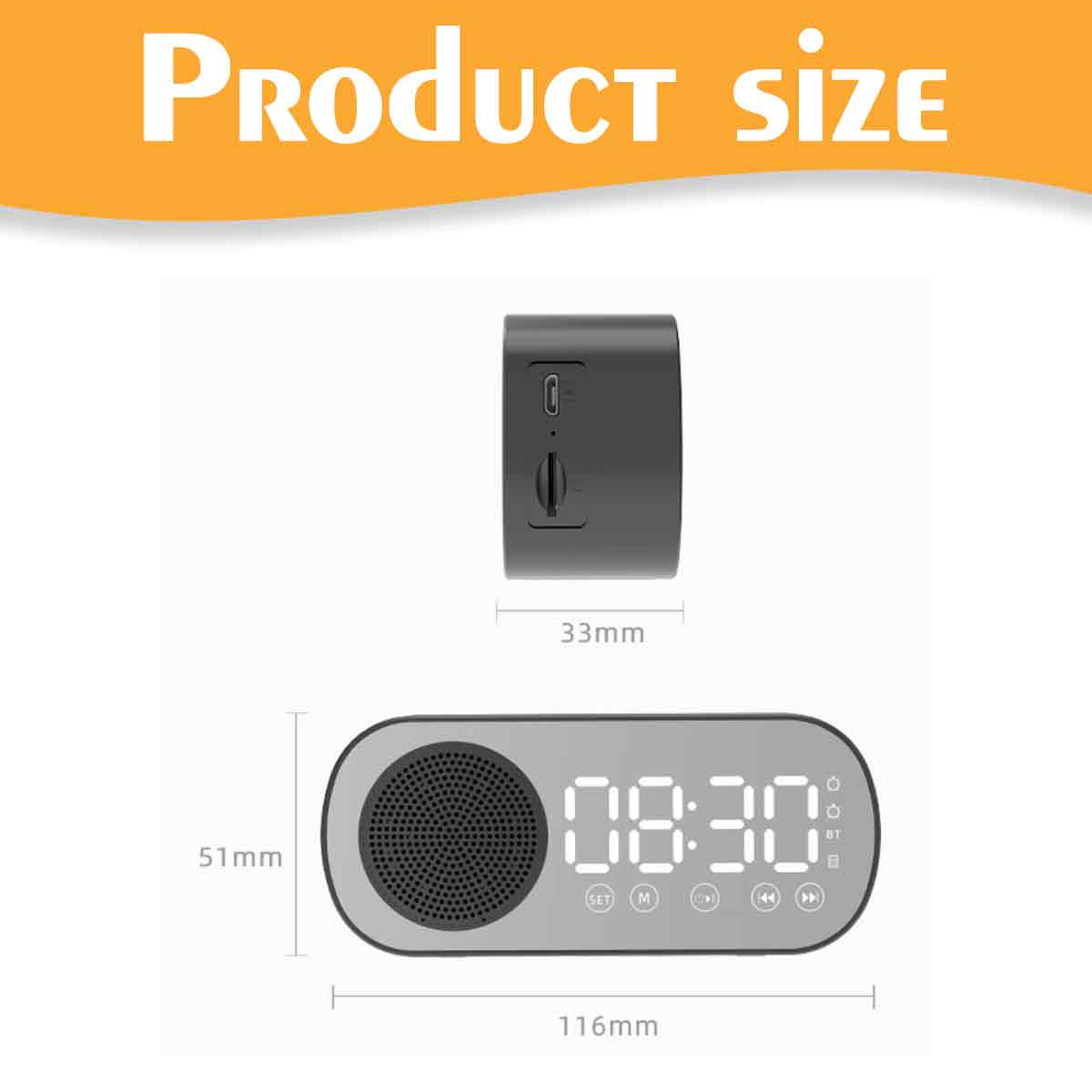 Das Bild zeigt ein Produktgrößenlayout. Es enthält einen kleinen Lautsprecher und eine Uhr mit Millimeterangaben. Die Uhr zeigt 08:30.