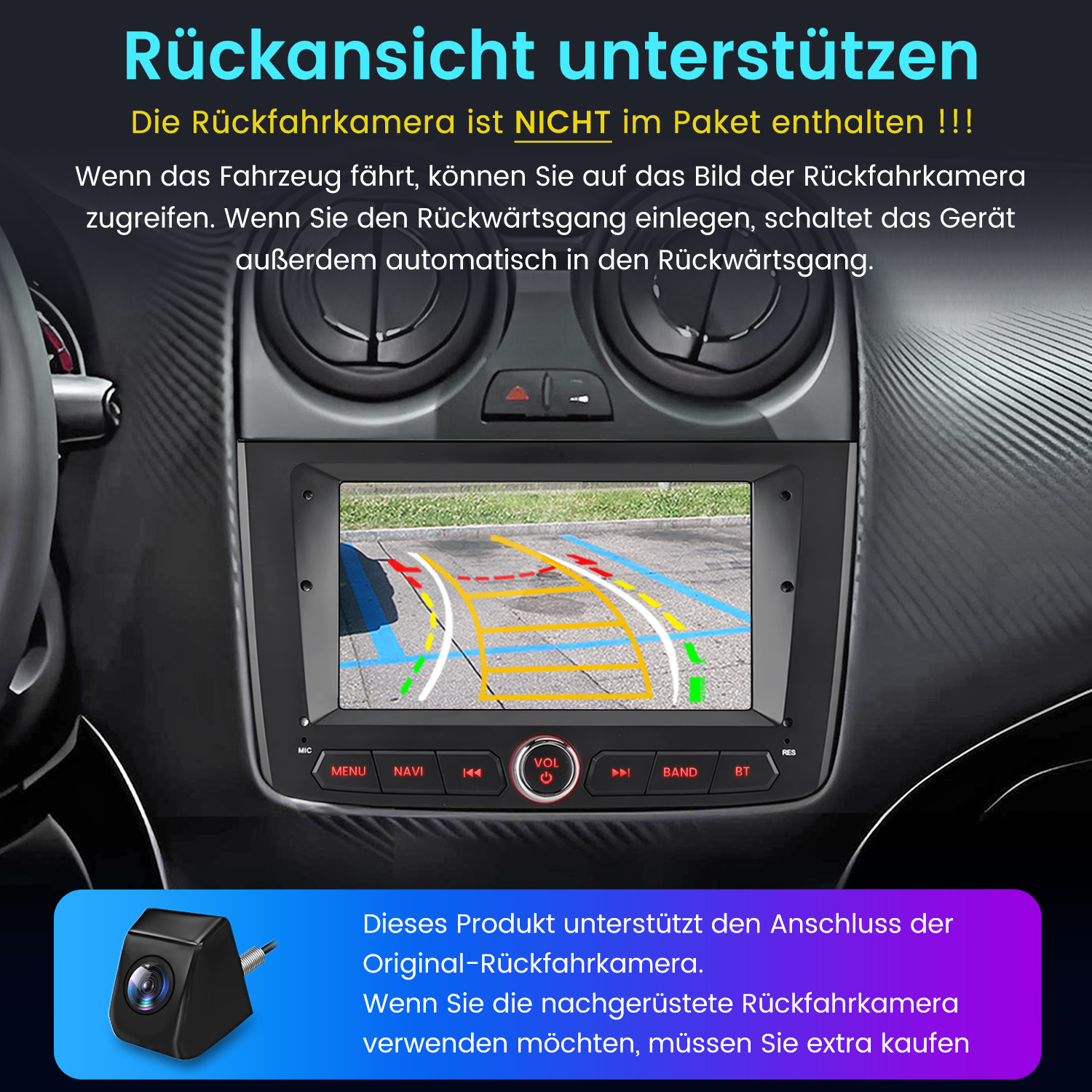 Auto-Bildschirm zeigt Rückfahrkamera-Ansicht. Schwarze Kamera unten. Text auf Deutsch erklärt die Kamera-Funktionalität.