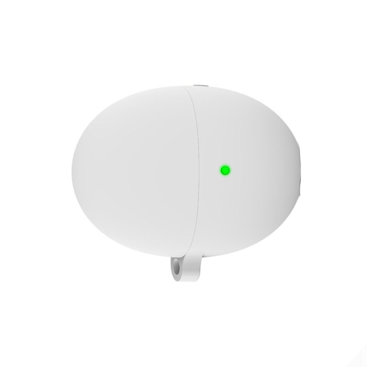 Un dispositivo bianco e arrotondato con una luce verde e un piccolo anello in basso. Sfondo bianco.