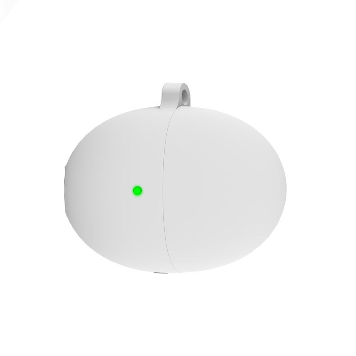 Dispositivo bianco ovale con una luce verde. Ha un anello in alto. Lo sfondo è bianco.