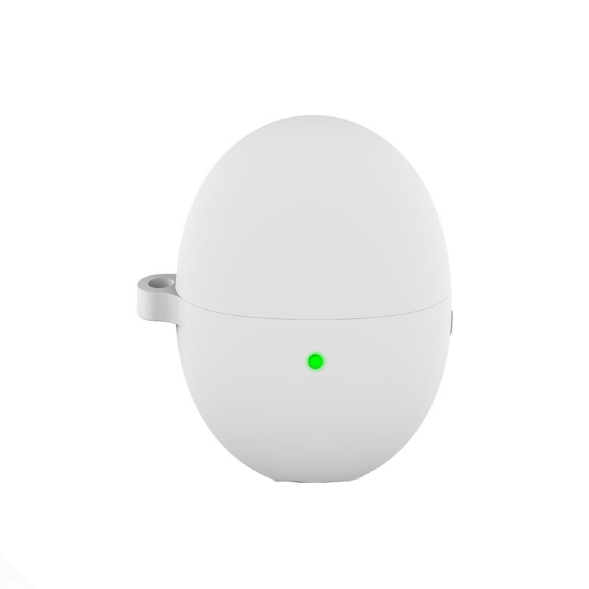 Dispositivo bianco a forma di uovo con una luce verde. Sul lato è visibile un piccolo anello. Lo sfondo è bianco.