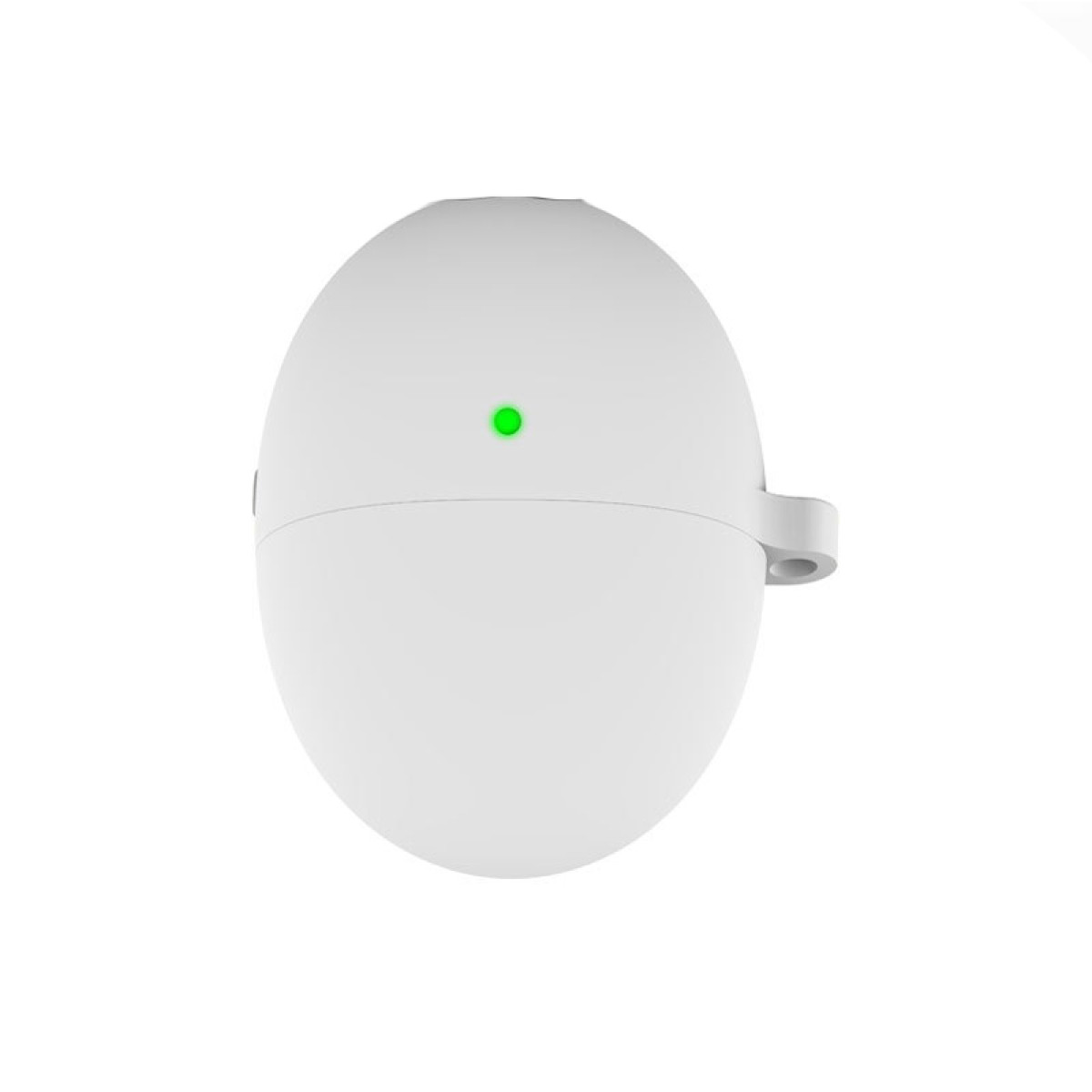 Un dispositivo bianco a forma di uovo con una luce verde sulla parte superiore. Ha una piccola maniglia laterale. Lo sfondo è bianco.