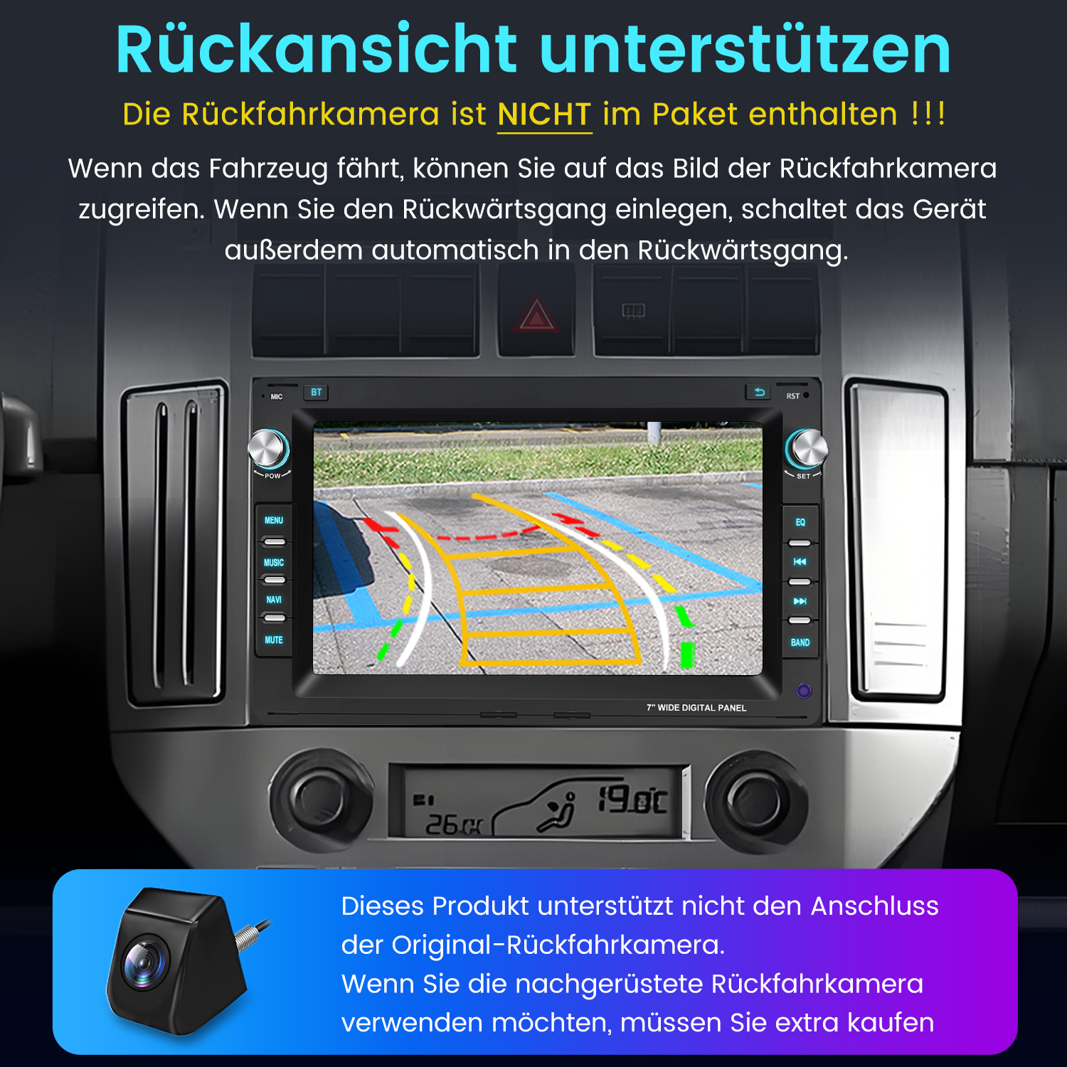 Auto-Dashboard mit Bildschirm, der eine Rückfahrkamera-Ansicht zeigt. Text auf Deutsch erklärt Funktionen und Kamerakompatibilität.