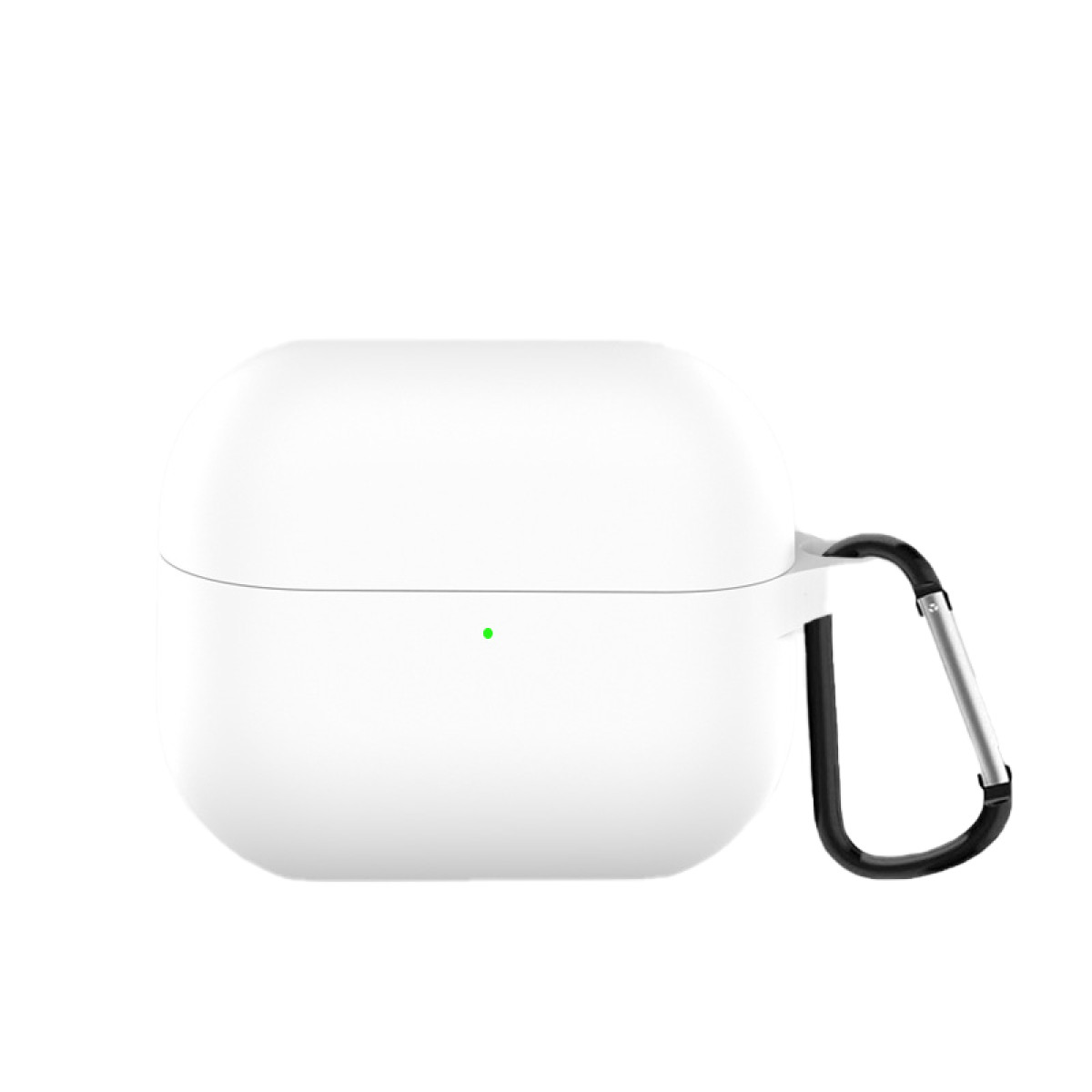 Ein weißes AirPods-Etui mit einem schwarzen Karabinerhaken. Ein kleines grünes Licht ist vorne sichtbar. Der Hintergrund ist weiß.