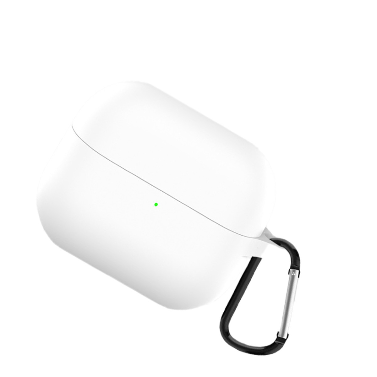 Ein weißes AirPods-Etui mit einem schwarzen Karabinerhaken. Ein kleines grünes Licht leuchtet auf dem Etui. Der Hintergrund ist weiß.