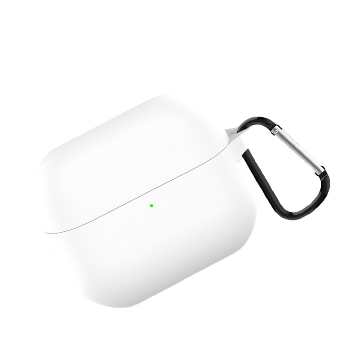 Ein weißes AirPods-Etui mit einem schwarzen Karabinerhaken. Ein kleines grünes Licht ist auf dem Etui zu sehen. Der Hintergrund ist weiß.