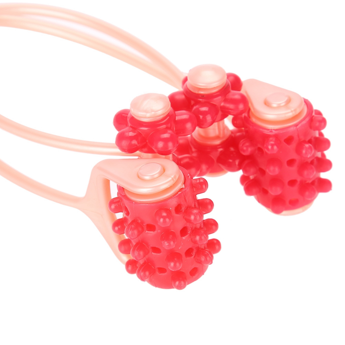 Ein rosa-rotes Handmassagegerät mit Rollen. Es hat drei rote Rollen mit kleinen Noppen und rosa Griffen.