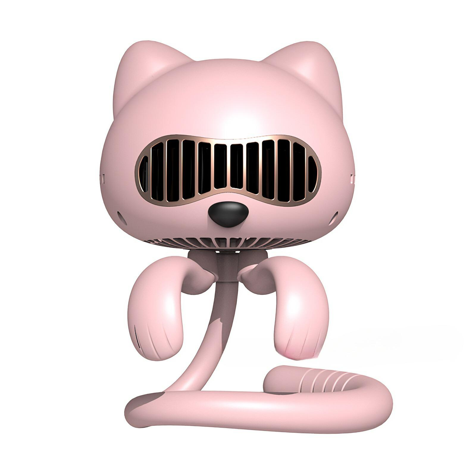 Ein rosa katzenförmiger Ventilator mit goldfarbenem Lüfter. Der Ventilator hat eine schwarze Nase und eine gebogene Basis.