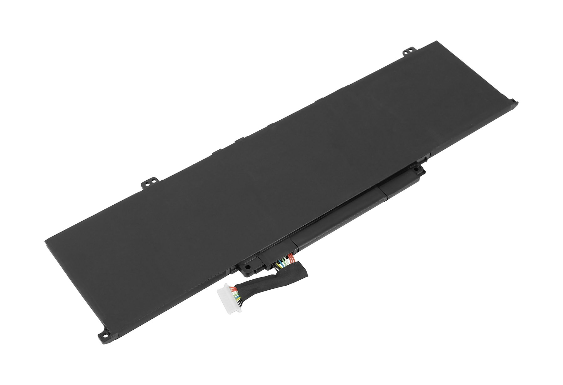 Ein schwarzer Laptop-Akku. Er hat einen Stecker mit farbigen Drähten. Der Hintergrund ist weiß.