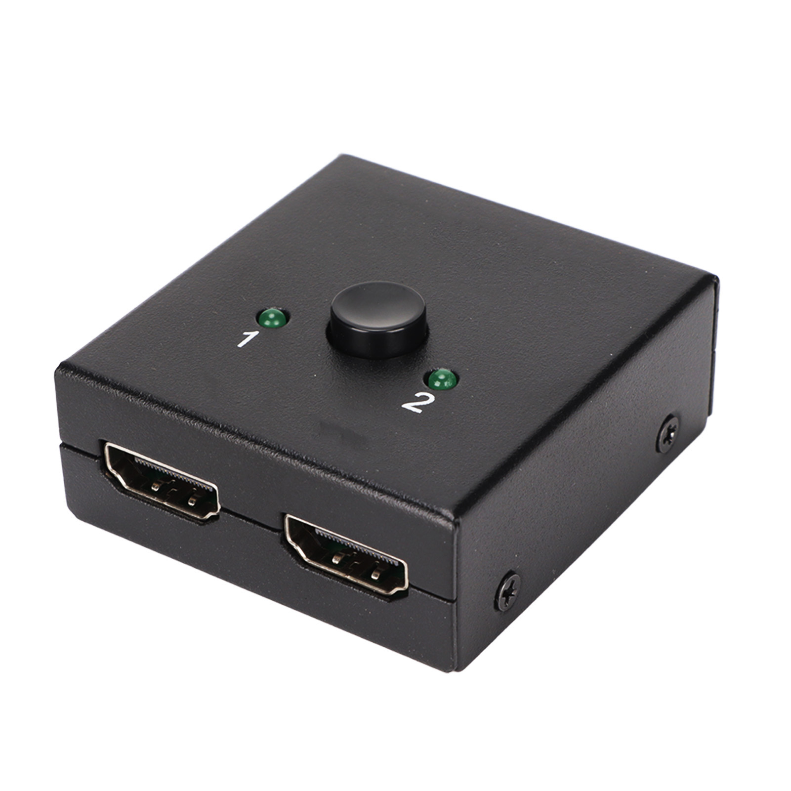 Schwarzer HDMI-Switch mit zwei Anschlüssen, einer Taste und grünen Kontrollleuchten für die Anschlüsse 1 und 2. Schrauben sichern das Gerät.
