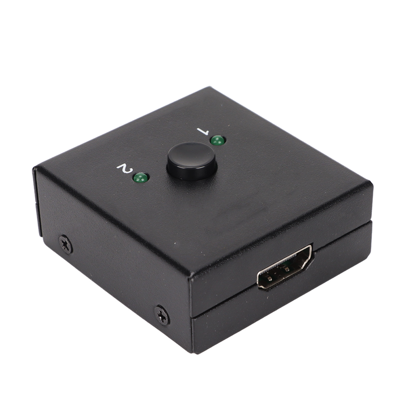 Schwarzer HDMI-Switch-Box mit Knopf, zwei grünen Kontrollleuchten und einem HDMI-Anschluss. Die Zahlen 1 und 2 sind ebenfalls vorhanden.