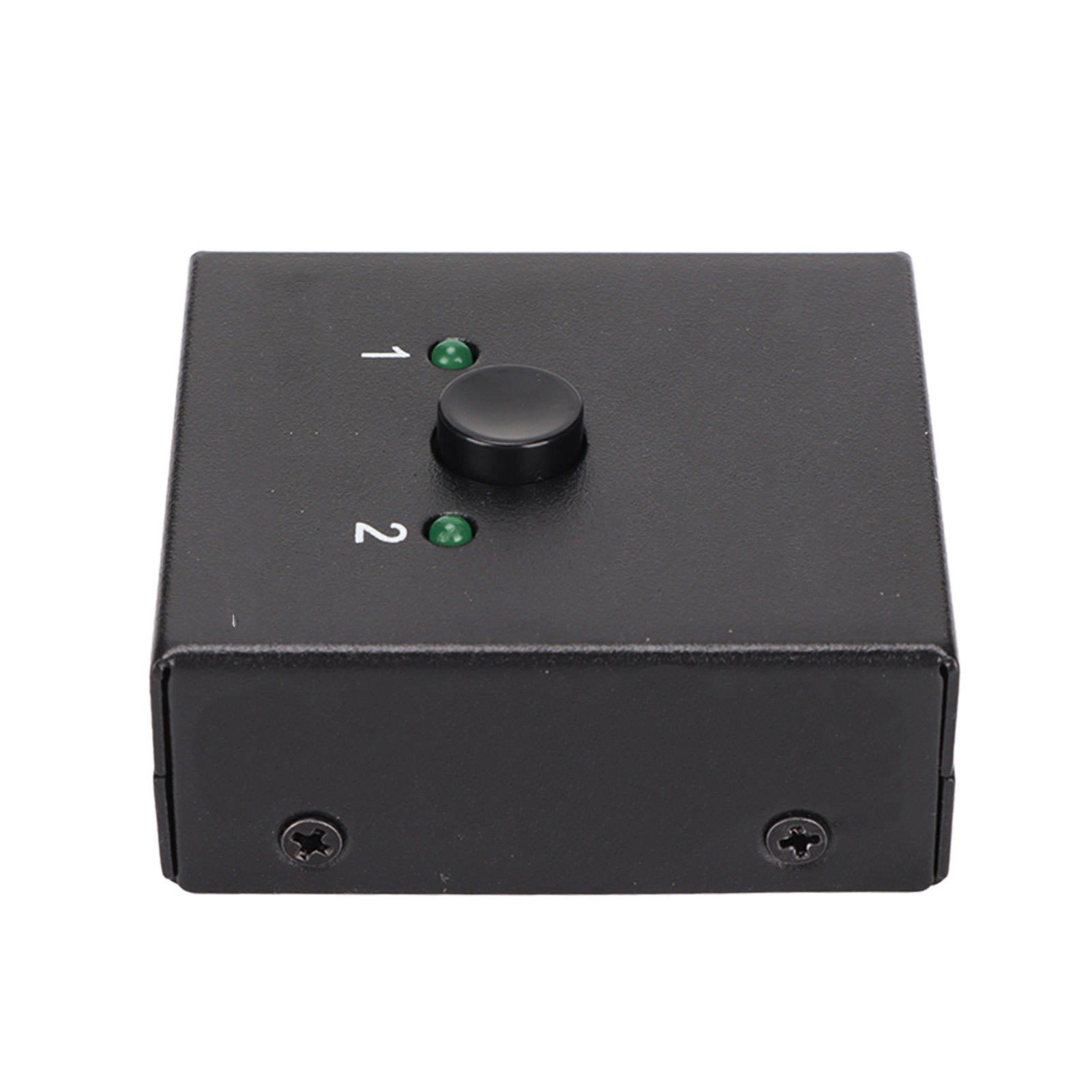 Schwarze Box mit Knopf, zwei grüne Lichter mit der Aufschrift 1 und 2. Schrauben auf der Vorderseite. Weißer Hintergrund.