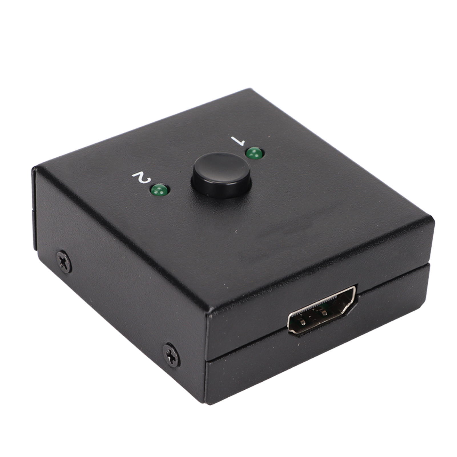 Schwarzer HDMI-Schalter mit Taste, zwei grünen Kontrollleuchten und einem HDMI-Anschluss. Schrauben sind sichtbar.
