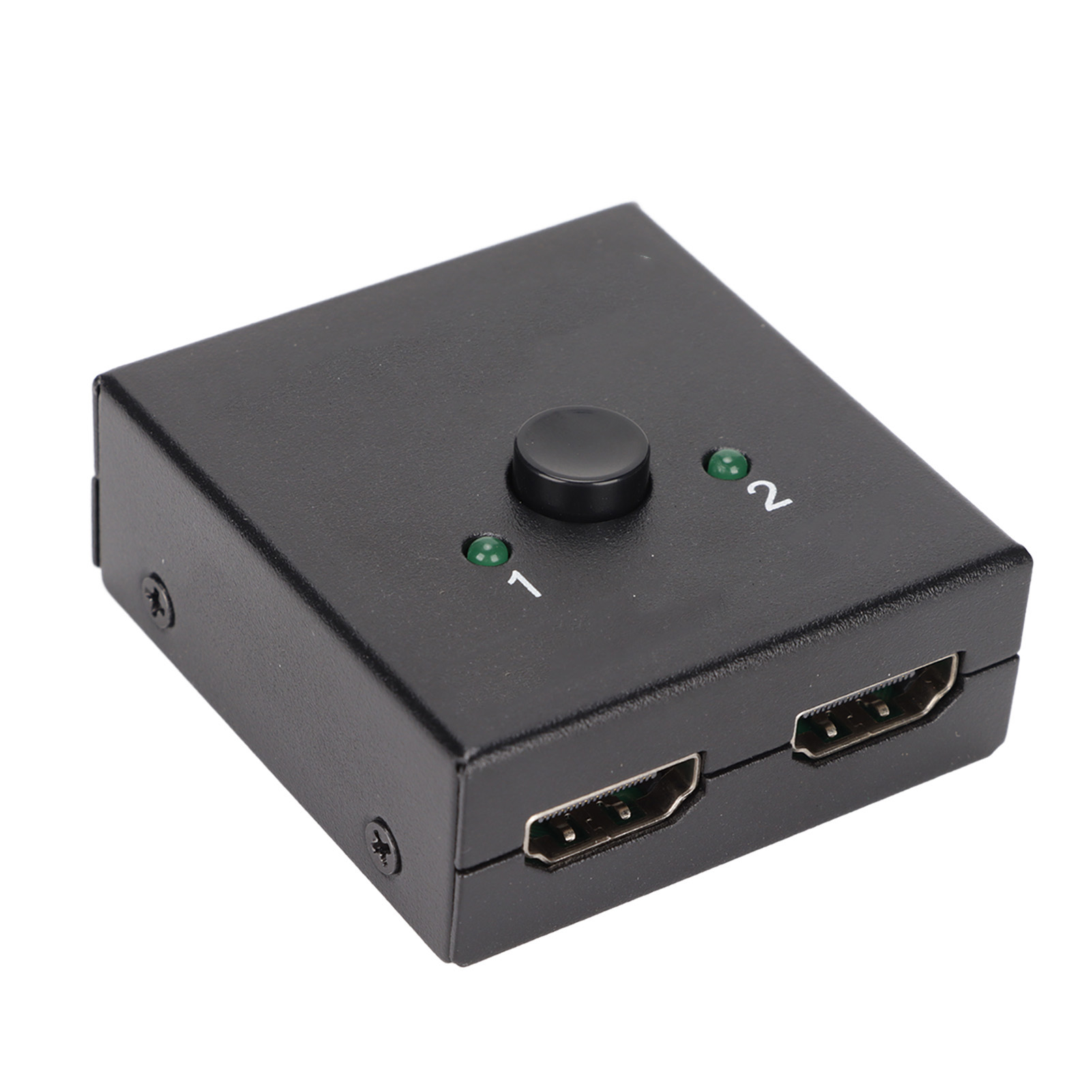 Schwarzer HDMI-Switch mit Knopf, zwei grünen Lichtern mit den Bezeichnungen 1 und 2 und zwei HDMI-Anschlüssen.