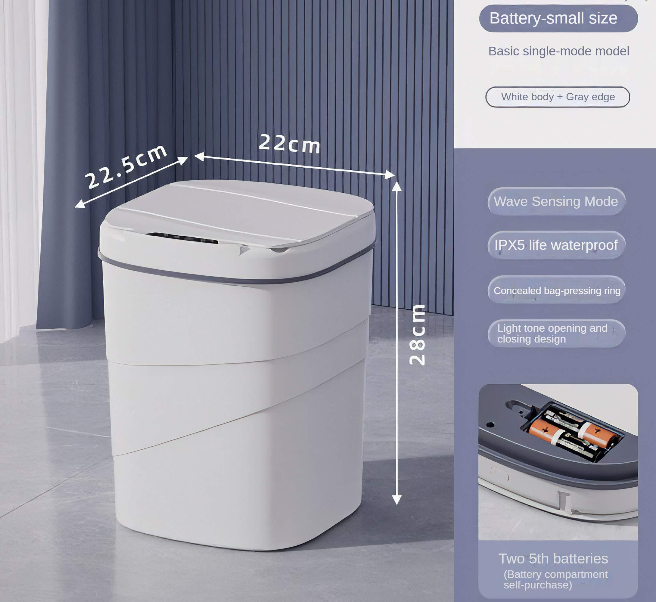 Ein weißer Mülleimer mit grauem Deckel und Boden. Auf der Seite steht 'Wave Sensing Mode' und 'IPX5 life waterproof'.