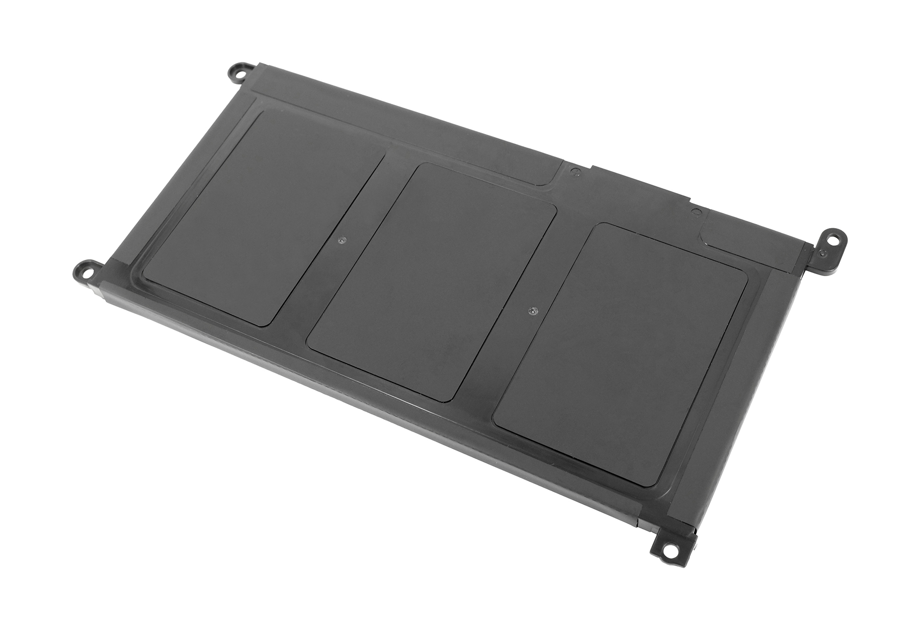 Graue Laptop-Batterie, Draufsicht. Sie hat drei rechteckige Bereiche mit Schrauben und einen schwarzen Rahmen mit Befestigungslöchern.