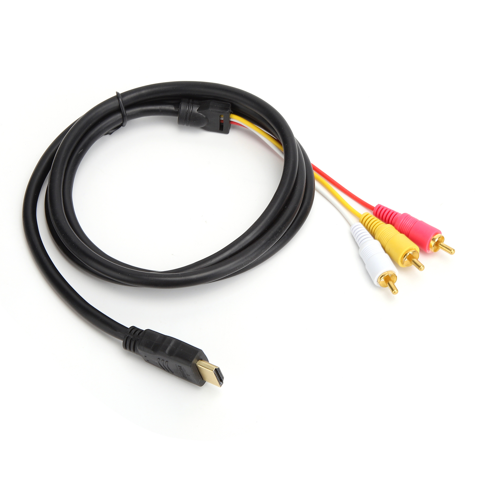 Ein schwarzes HDMI-Kabel mit roten, gelben und weißen Cinch-Anschlüssen auf weißem Hintergrund.