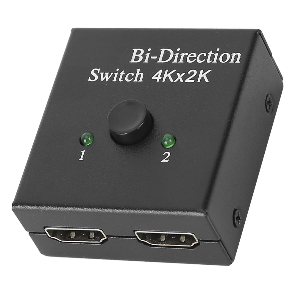 Ein schwarzer Bi-Direction-Schalter mit dem Text 'Switch 4Kx2K'. Es hat einen Knopf, zwei grüne Lichter und zwei HDMI-Anschlüsse.