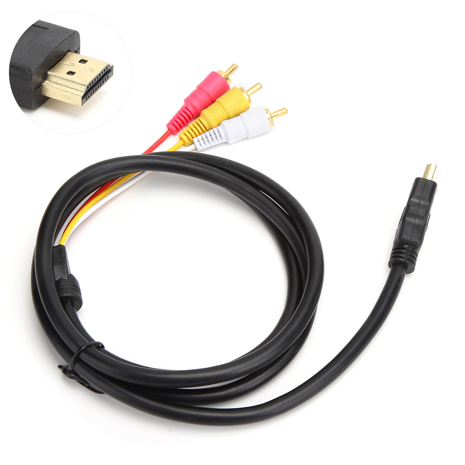 Ein HDMI-Kabel mit Cinch-Anschlüssen. Ein HDMI-Anschluss befindet sich in der oberen linken Ecke. Cinch-Anschlüsse sind rot, gelb und weiß.
