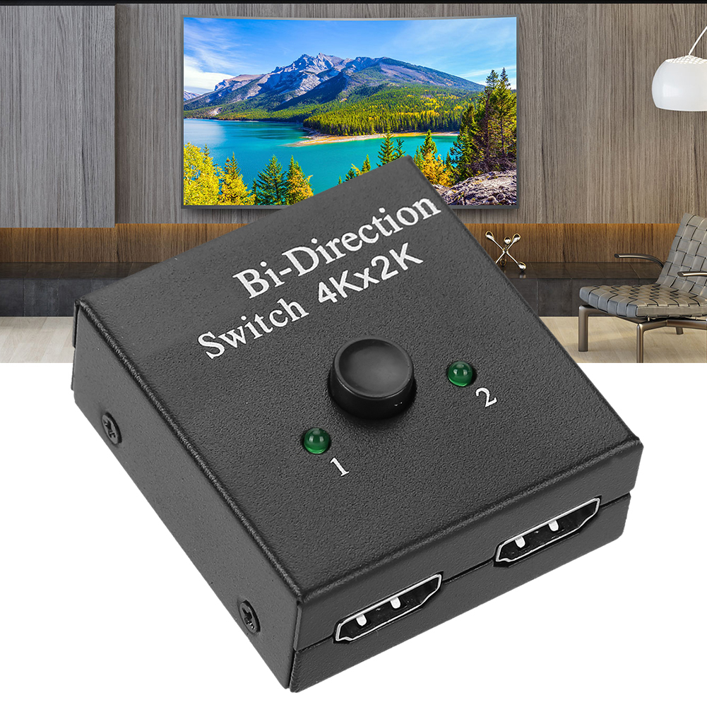 Schwarzer bidirektionaler Schalter, eine Taste, zwei Lichter und zwei HDMI-Anschlüsse. Hintergrund: ein Berglandschaftsbild.