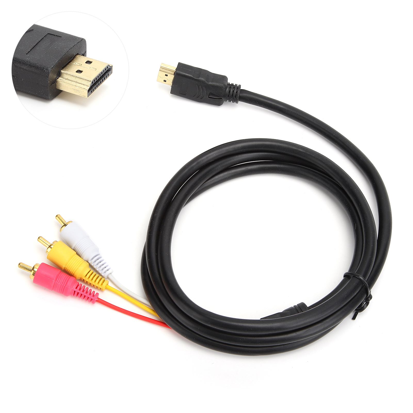 Ein HDMI-Kabel mit schwarzem Stecker ist mit einem schwarzen Kabel mit roten, gelben und weißen Cinch-Anschlüssen verbunden.
