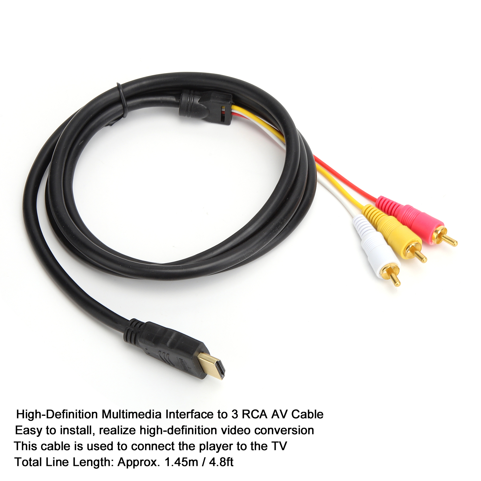 Schwarzes HDMI-zu-Cinch-Kabel. Drei Cinch-Anschlüsse sind weiß, gelb und rot. Weißer Hintergrund.