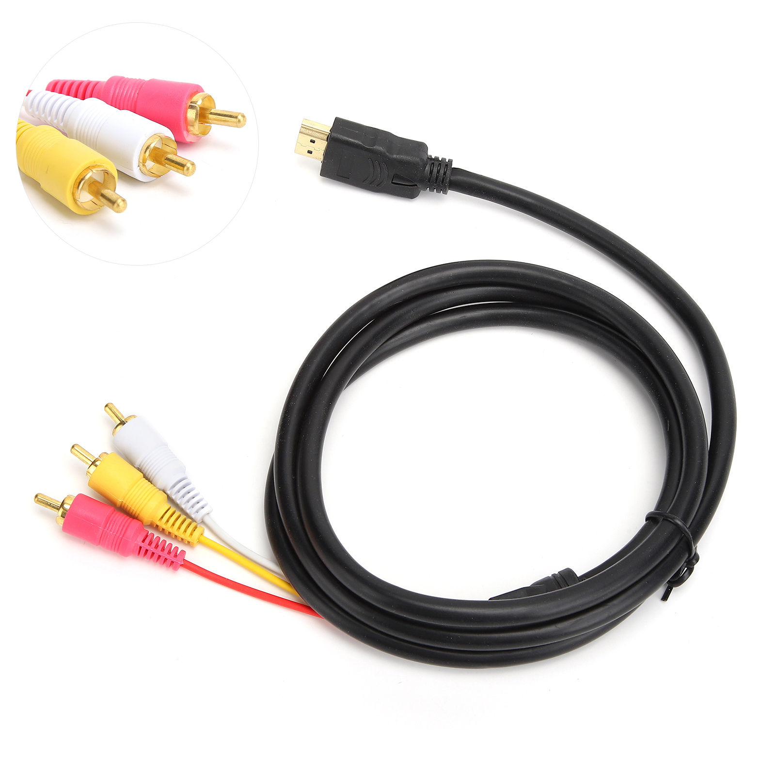 Auf einer weißen Oberfläche befinden sich ein HDMI-Kabel und Cinch-Kabel. Die Cinch-Kabel sind rot, gelb und weiß.