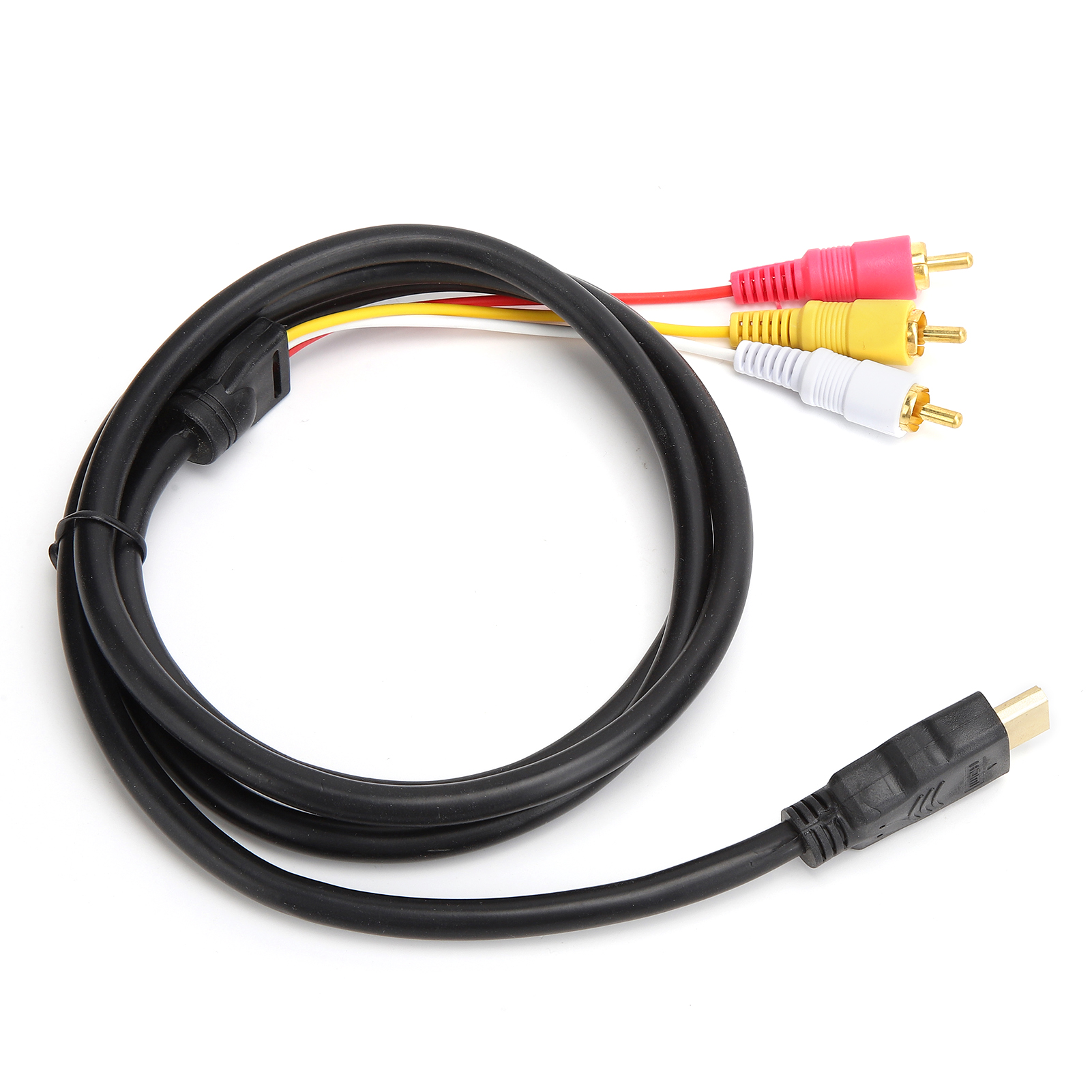 Ein schwarzes HDMI-Kabel mit Cinch-Anschlüssen. Rote, gelbe und weiße Cinch-Anschlüsse sind sichtbar. Weißer Hintergrund.