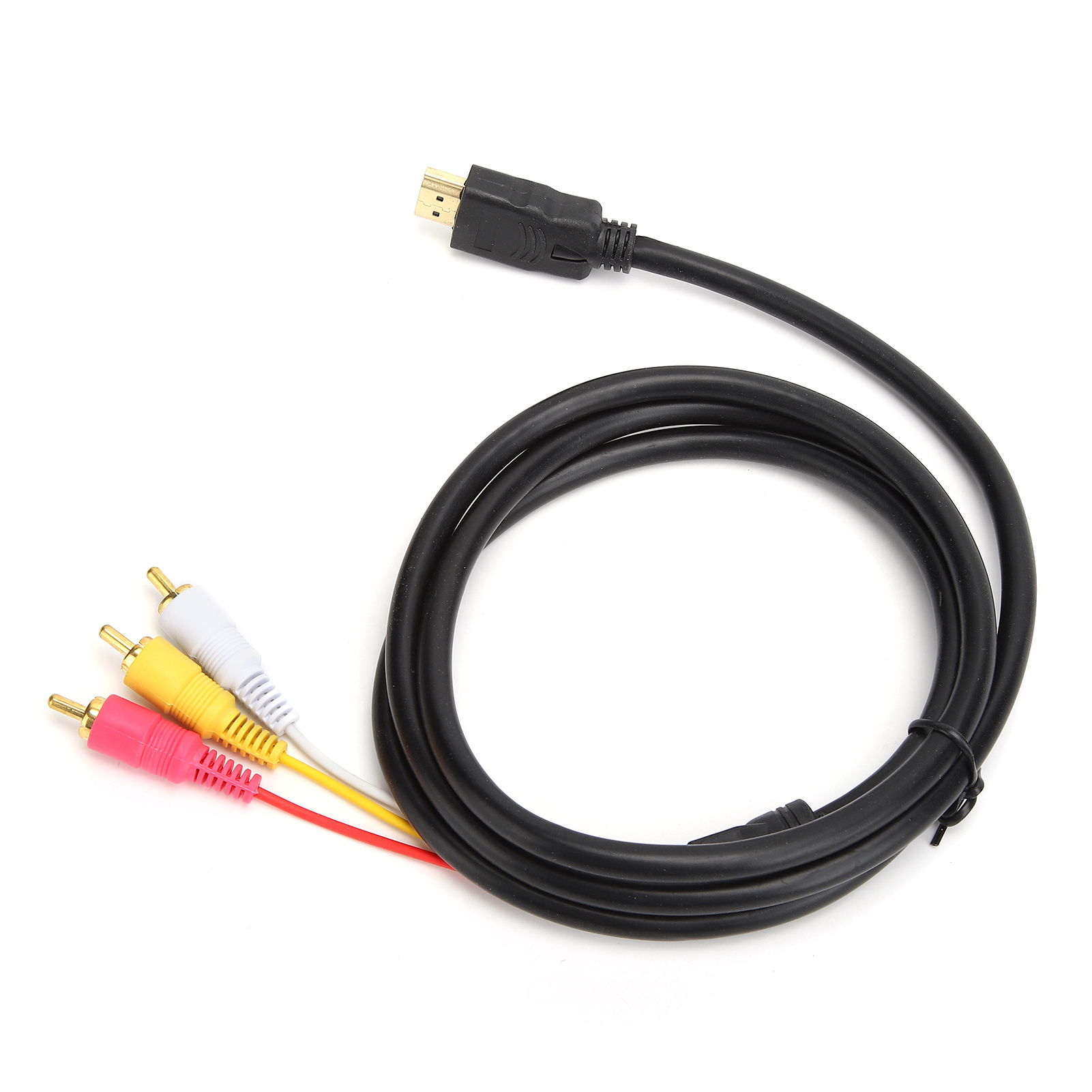 Schwarzes HDMI-Kabel mit roten, gelben und weißen Cinch-Anschlüssen. Das Kabel ist auf weißem Hintergrund aufgerollt.