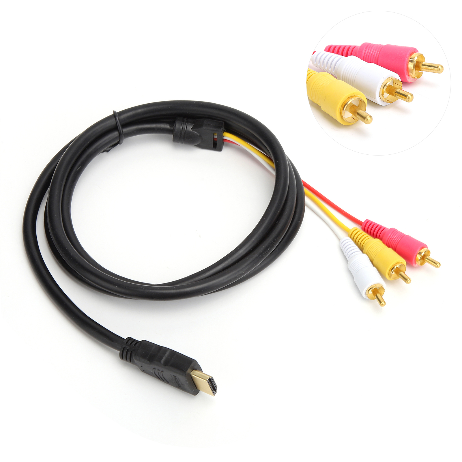 Schwarzes HDMI-Kabel mit roten, weißen und gelben Cinch-Anschlüssen. Nahaufnahme der Cinch-Anschlüsse im Kreis. Weißer Hintergrund.