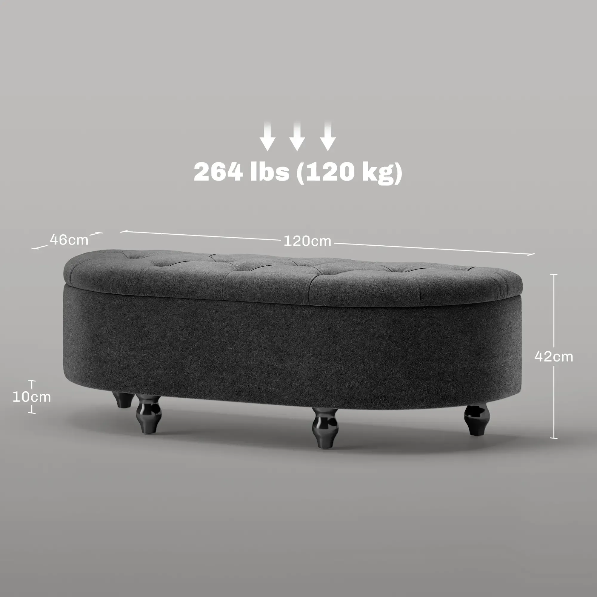 Ein dunkelgraues Ottoman mit geknöpfter Oberseite. Abmessungen: 120cm lang, 46cm breit, 42cm hoch, 10cm Beine. Gewicht: 264 lbs (120 kg).