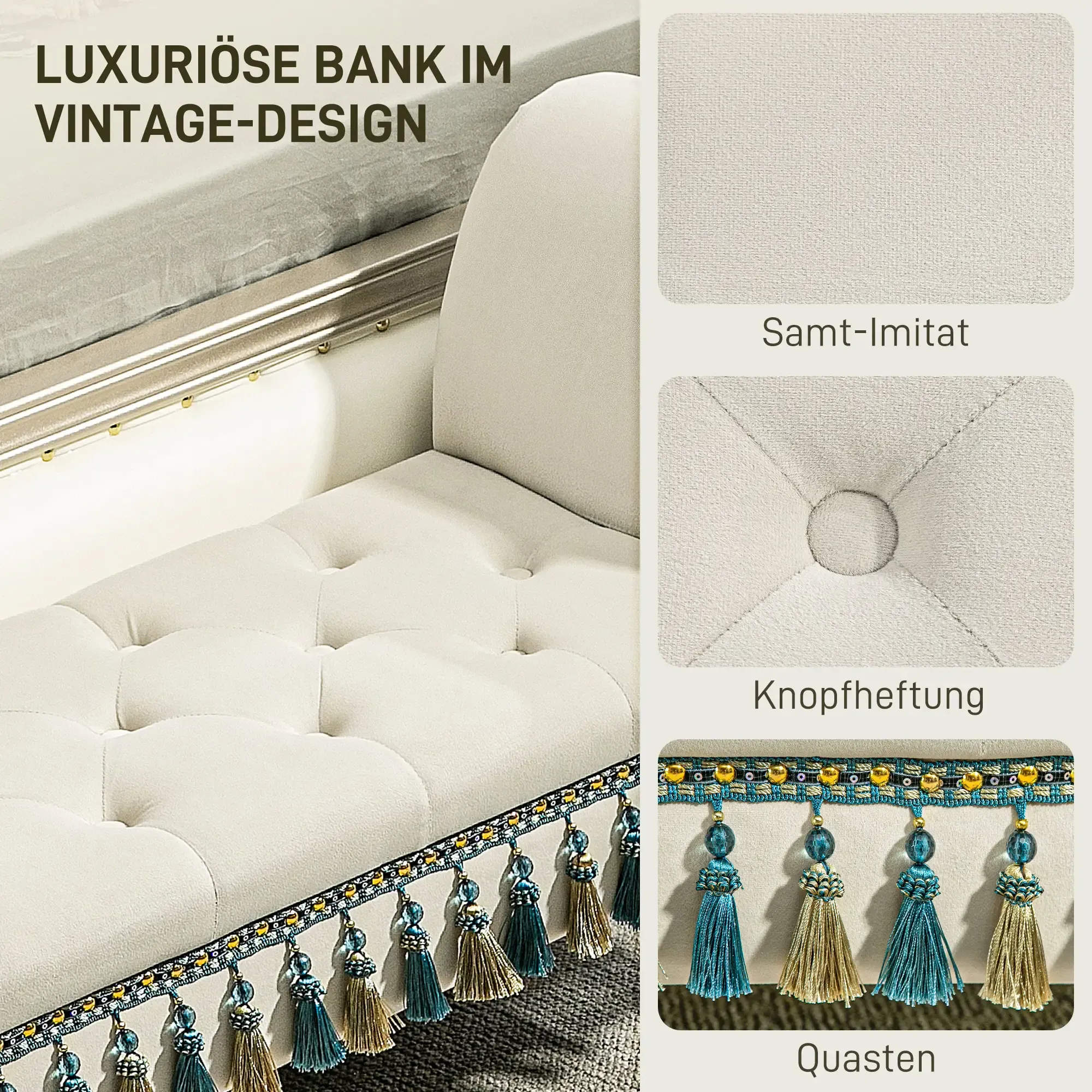 Eine weiße Vintage-Bank mit Knopfheftung und Quastenzierleiste. Details zeigen samtartigen Stoff und Quasten-Nahaufnahmen.