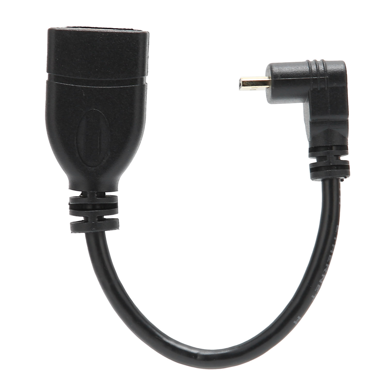 Ein schwarzes USB-Adapterkabel. Ein Ende ist ein USB-Buchsenanschluss, das andere ein rechtwinkliger Stecker.