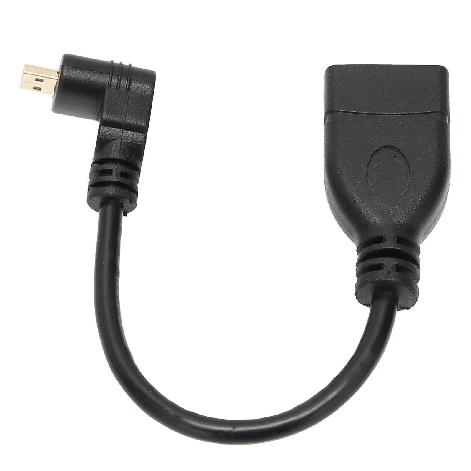 Ein schwarzes USB-Adapterkabel mit Micro-USB- und USB-A-Anschluss, das sich vor weißem Hintergrund krümmt.