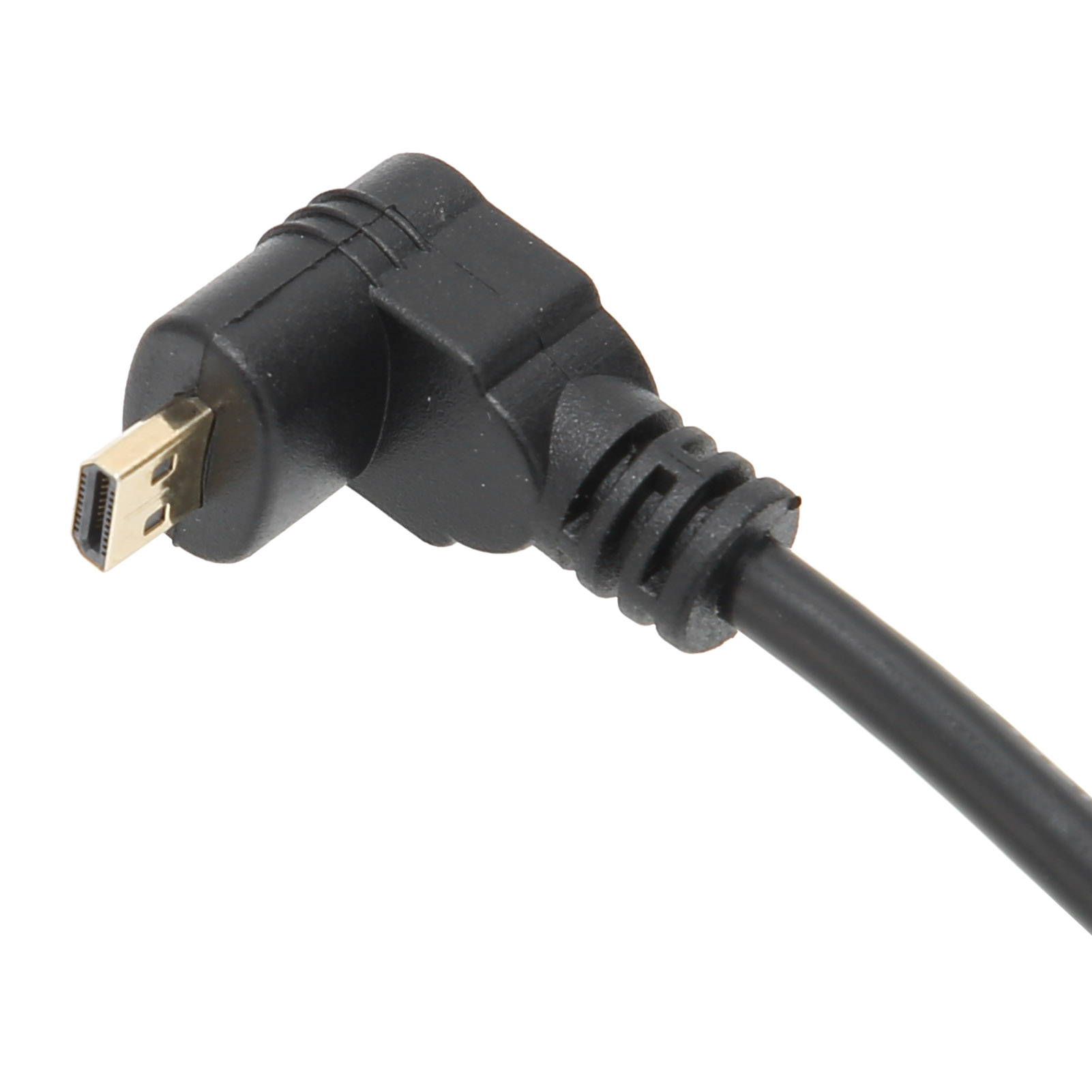 Ein schwarzer Winkeladapter mit einem goldenen Mini-DisplayPort-Anschluss. Das Kabel erstreckt sich nach rechts.