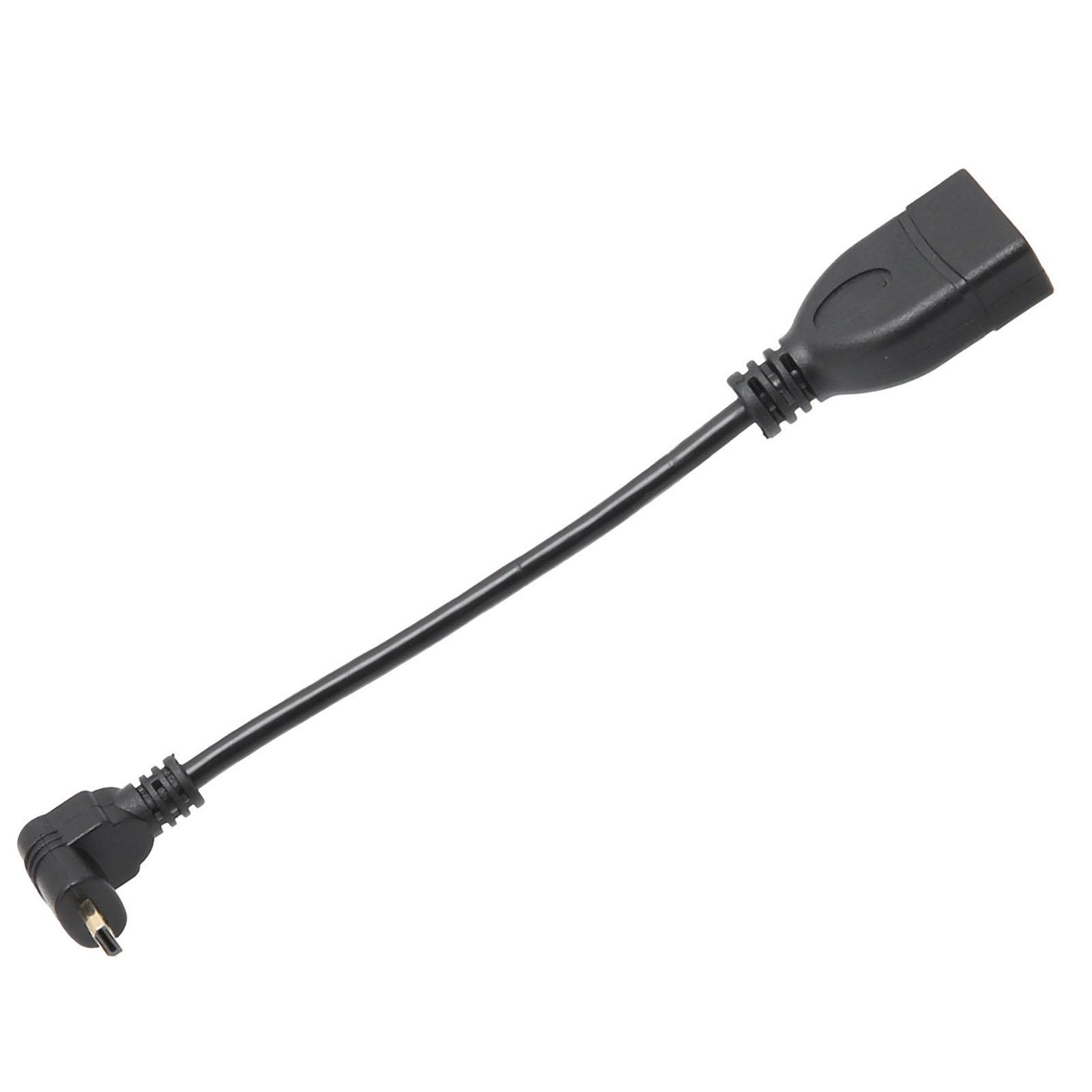 Ein schwarzes, abgewinkeltes Stromadapterkabel mit einem Stecker an jedem Ende vor weißem Hintergrund.