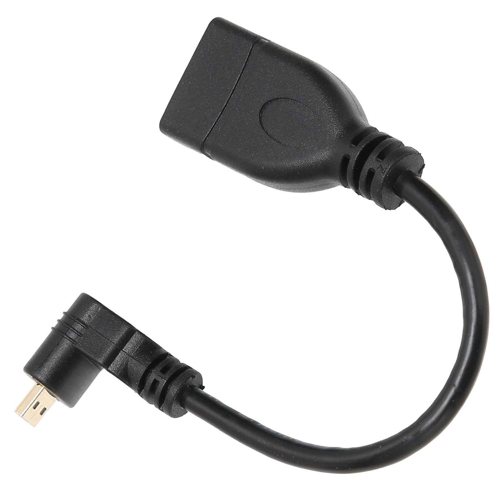 Schwarzes USB-Adapterkabel. Ein Ende ist ein Standard-USB, das andere ist ein abgewinkelter Micro-USB-Anschluss. Weißer Hintergrund.