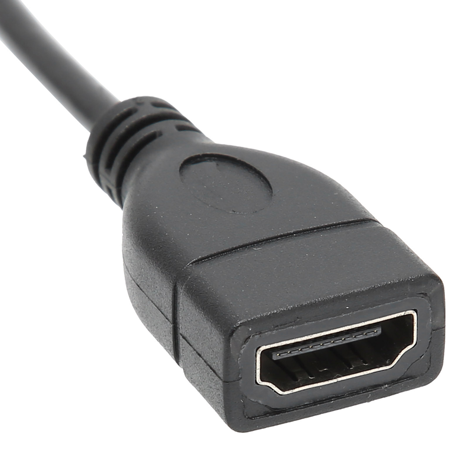 Ein schwarzer HDMI-Anschluss mit Kabel. Der Anschluss ist rechteckig mit einem Anschluss und einer abgerundeten Oberseite. Weißer Hintergrund.