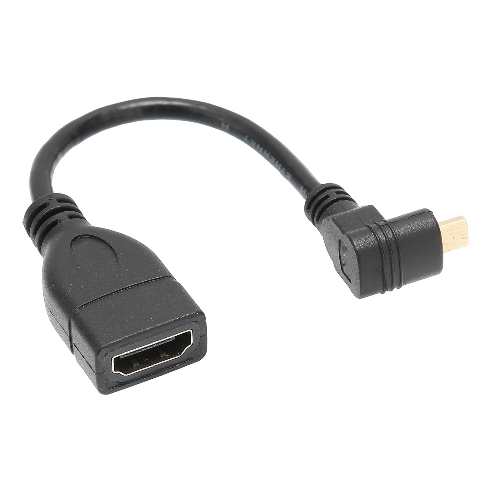 Ein schwarzes HDMI-zu-Micro-USB-Adapterkabel, das in einem 90-Grad-Winkel gebogen ist. Der Hintergrund ist schlicht weiß.