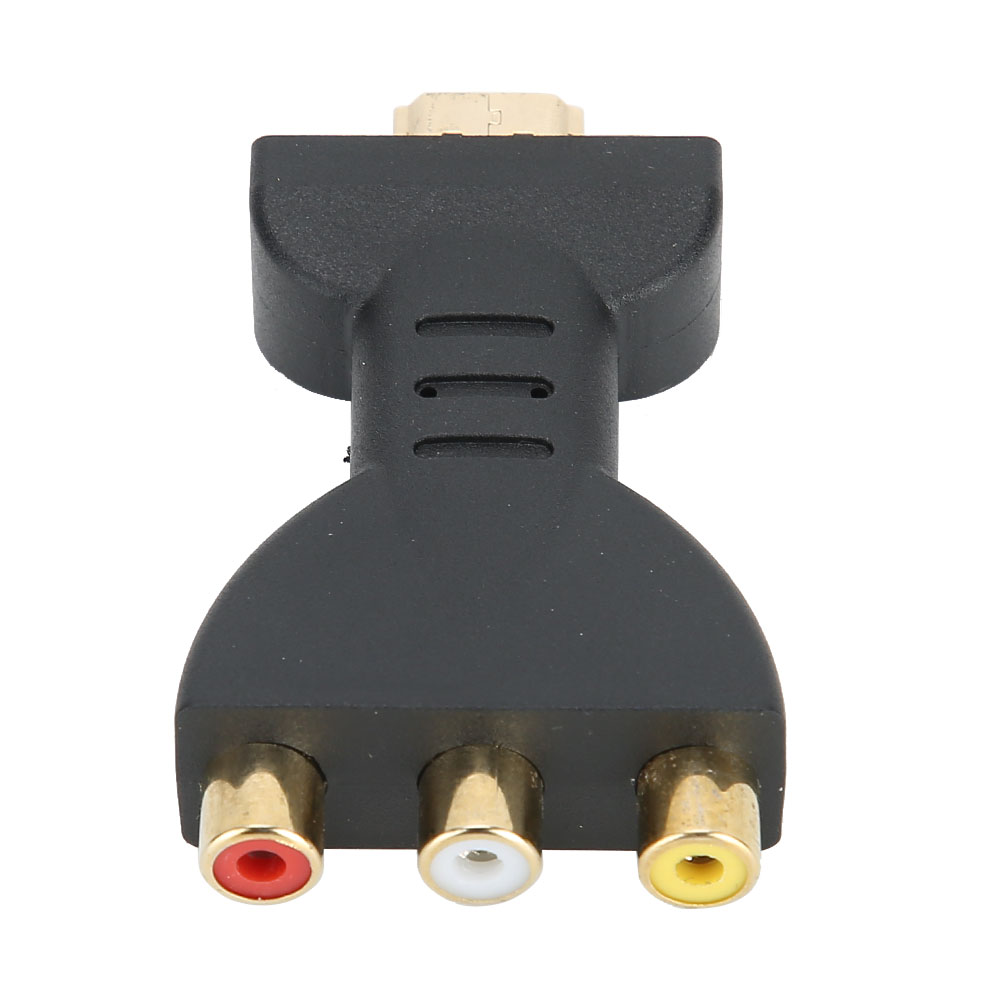 Schwarzer HDMI-zu-RCA-Adapter mit goldfarbenen Anschlüssen. Er hat einen HDMI-Anschluss und drei RCA-Anschlüsse mit rot, weiß und gelb.