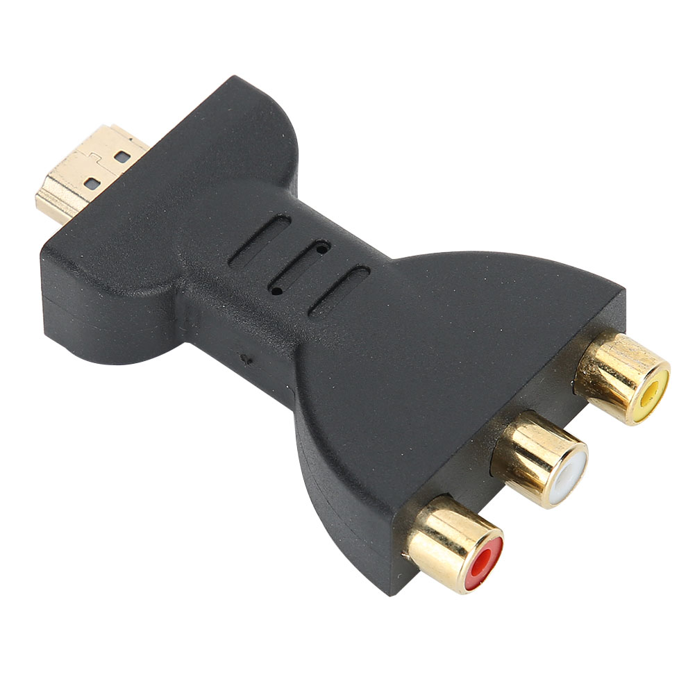 Ein schwarzer HDMI-zu-RCA-Adapter. Er hat einen goldenen HDMI-Anschluss und drei Cinch-Anschlüsse, gelb, weiß und rot, auf weißem Hintergrund.