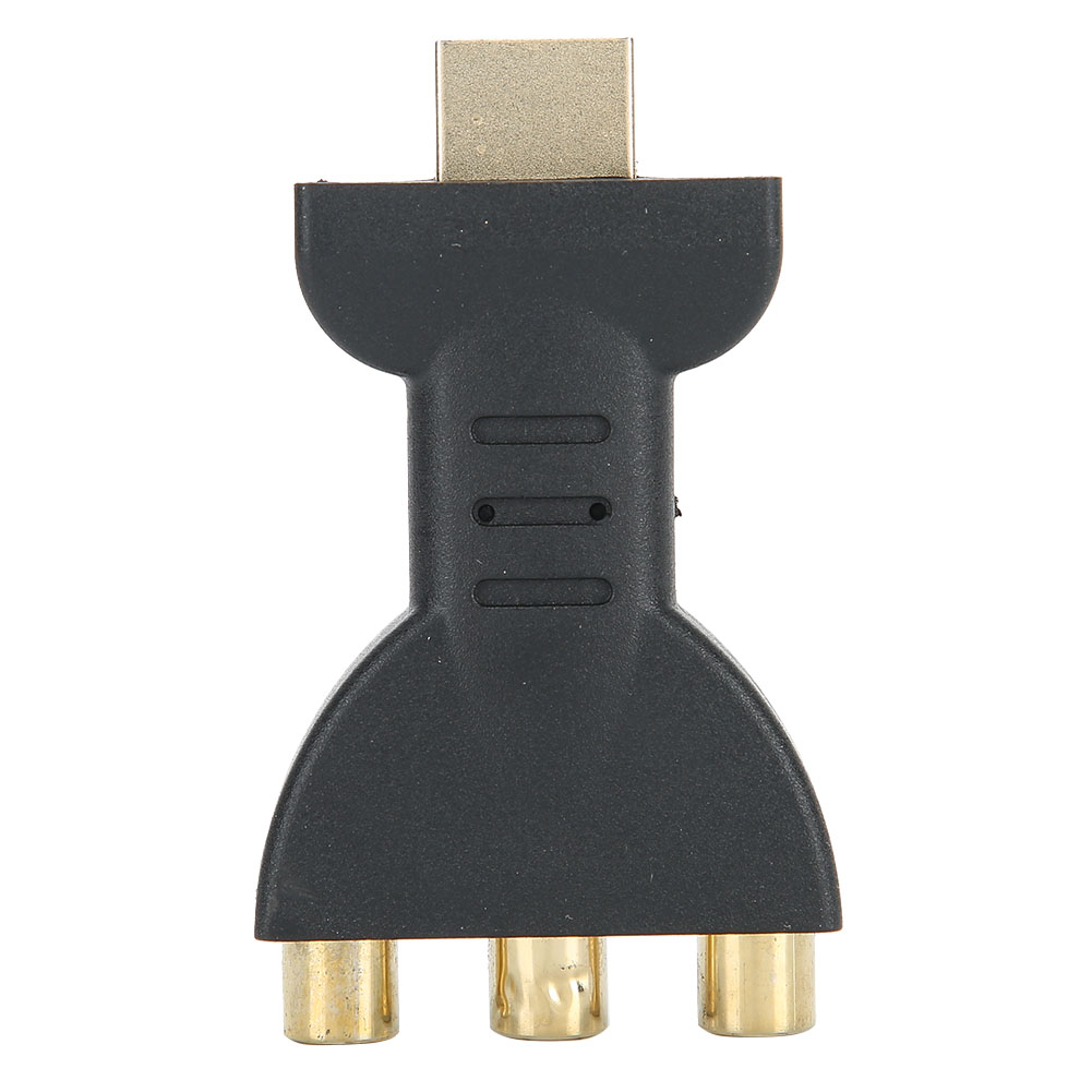 Ein schwarzer HDMI-zu-RCA-Adapter. Er hat einen goldfarbenen HDMI-Anschluss oben und drei RCA-Anschlüsse unten.