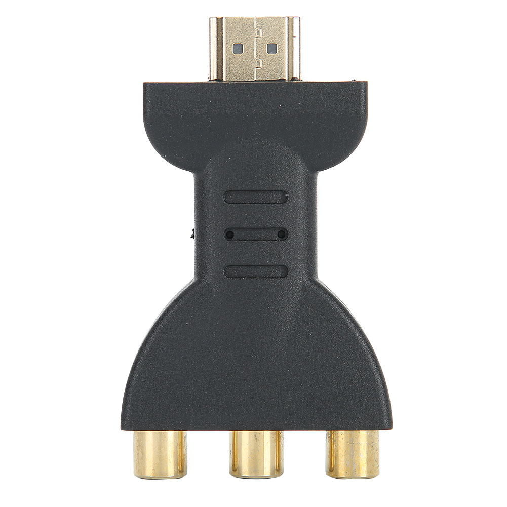 Schwarzer HDMI-zu-RCA-Adapter auf weißem Hintergrund. Er hat einen goldenen HDMI-Anschluss und drei goldene RCA-Anschlüsse.