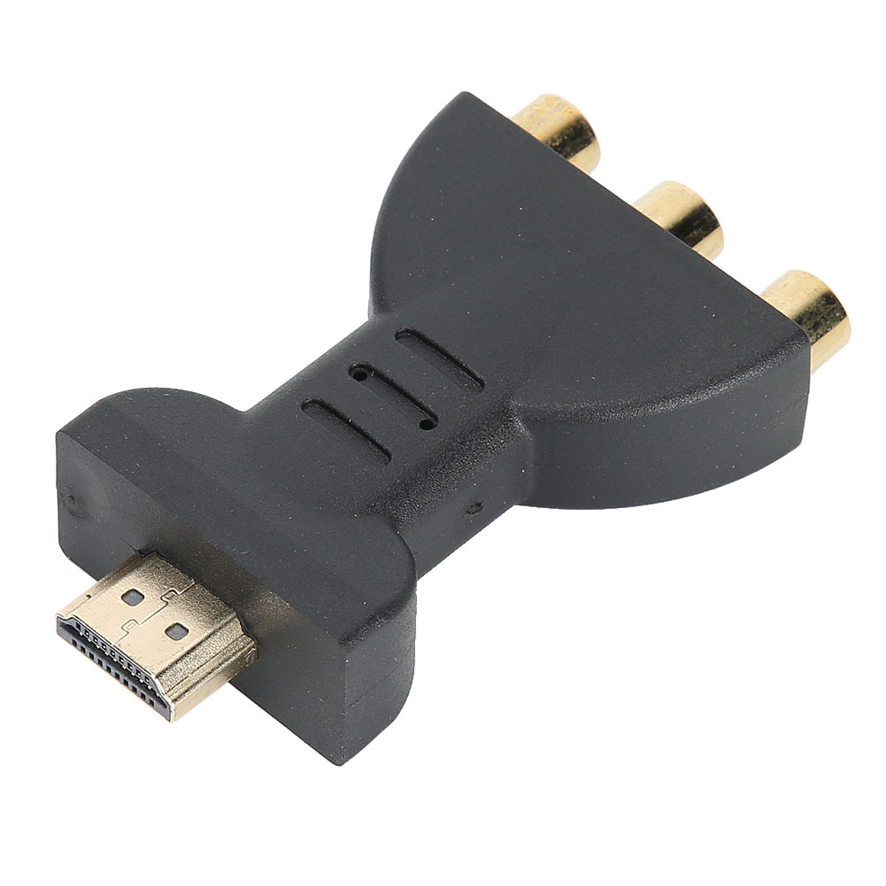 Ein schwarzer HDMI-zu-RCA-Adapter. Er hat einen HDMI-Anschluss an einem Ende und drei goldfarbene Cinch-Anschlüsse am anderen.