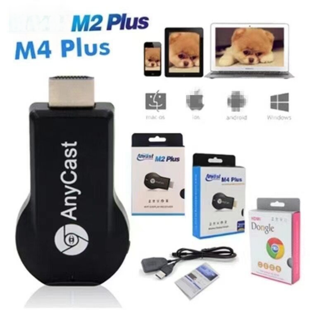 Ein schwarzes AnyCast-Gerät wird mit Boxen und Bildern von Telefonen, Tablets und Laptops mit einem Welpen angezeigt. Produktboxen sind ebenfalls abgebildet.