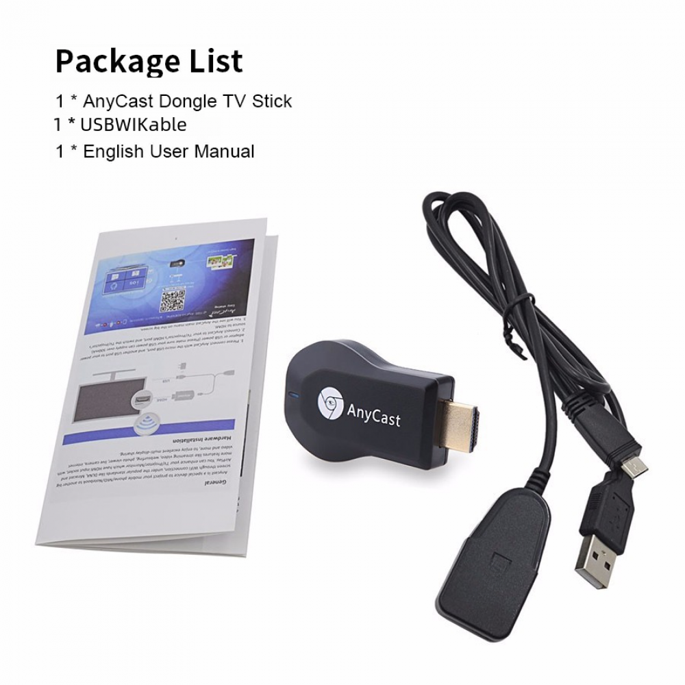 Ein schwarzer AnyCast-Dongle, ein USB-Kabel und eine Bedienungsanleitung werden angezeigt. Der Dongle hat einen HDMI-Anschluss. Die Packungsliste ist in der Ecke.