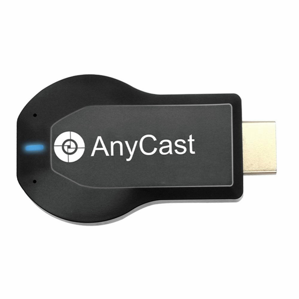 Ein schwarzes AnyCast-Gerät. Es hat das AnyCast-Logo, ein blaues Licht und einen HDMI-Anschluss. Der Hintergrund ist weiß.